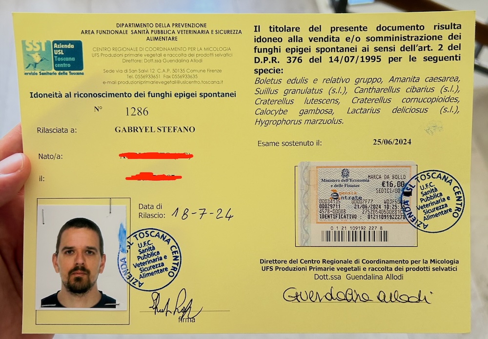 Il tesserino micologico professionale di Stefano Gabryel rilasciato dalla USL